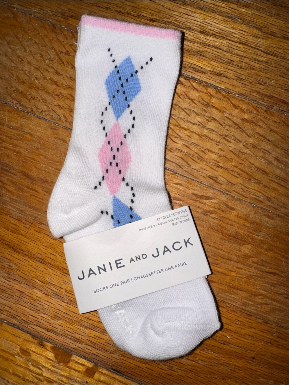 Janie and Jack Unisex Infant Crew Socks White with Pink & Blue Argyle NWT